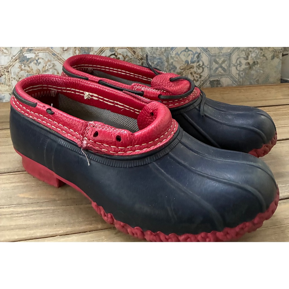 LL Bean Boots Rubber Mocs Navy Blue Red Leather Trim Duck Shoes Womens